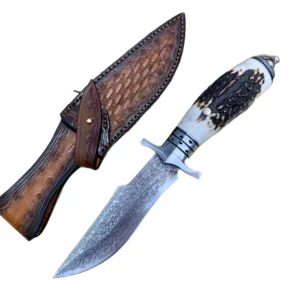 Bowie straight Damascus knife with antler handle